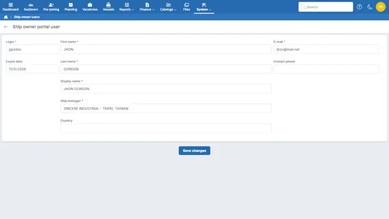 Crewvector Shipowner Portal interface