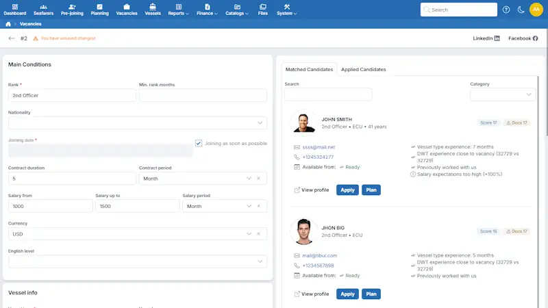 Crewvector Recruitment interface