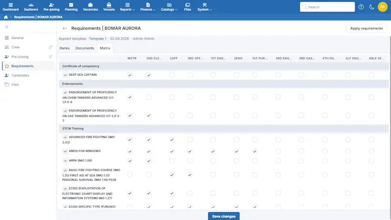 Vessel certificate requirements matrix by rank in Crewvector