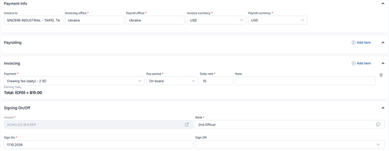 Seafarer contract in Crewvector with payment info, payroll and invoice lines for the principal and the vessel assignment