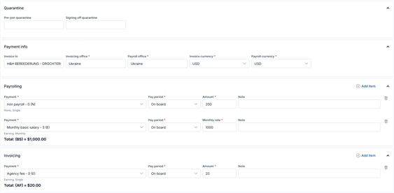 Seafarer contract in Crewvector with quarantine dates, payment info, payroll lines and invoice lines