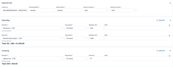 Seafarer contract in Crewvector with payroll in euros and the principal's invoice in US dollars