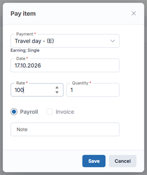Adding a one-time pay item with payment type, date, rate and quantity to a seafarer contract in Crewvector