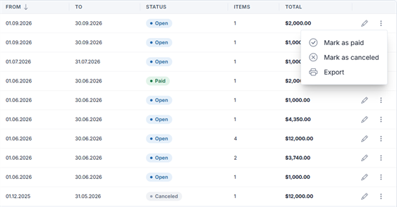 Payslips with Open, Paid and Canceled statuses and the Mark as paid and Mark as canceled actions in Crewvector