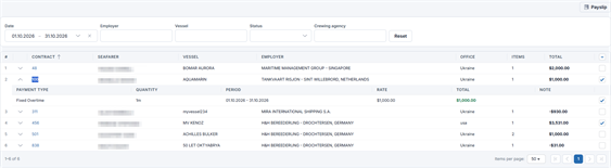 Payroll for October in Crewvector with contracts and individual pay lines selected for a payslip