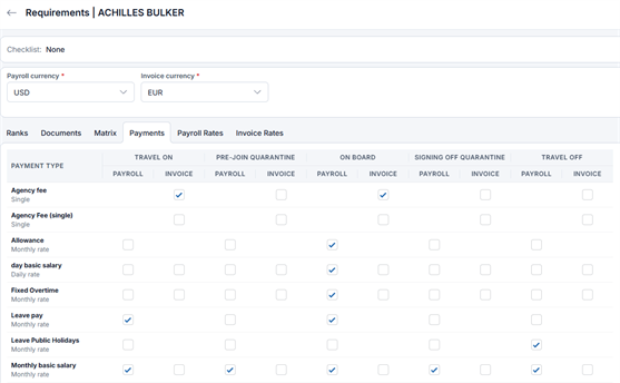 Vessel payment terms in Crewvector: payment types by travel, quarantine and on-board periods for payroll and invoicing