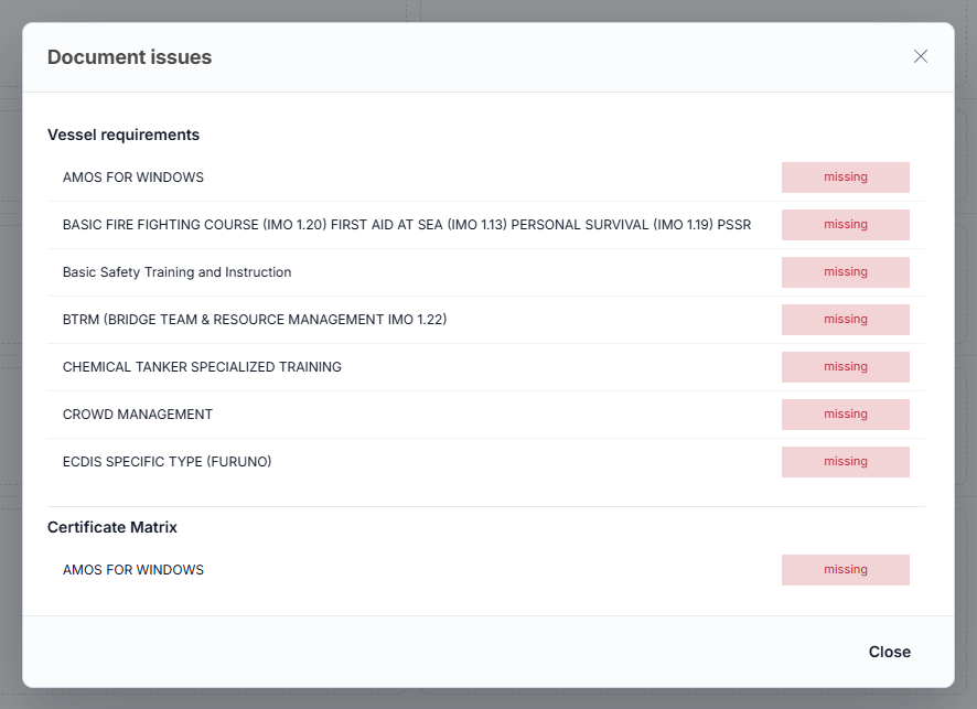 Missing seafarer certificates against vessel requirements and the certificate matrix in Crewvector