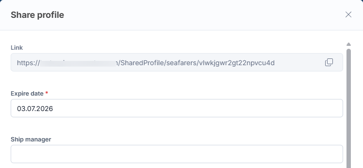 Sharing a seafarer profile with a principal as a secure link with an expiry date and section visibility