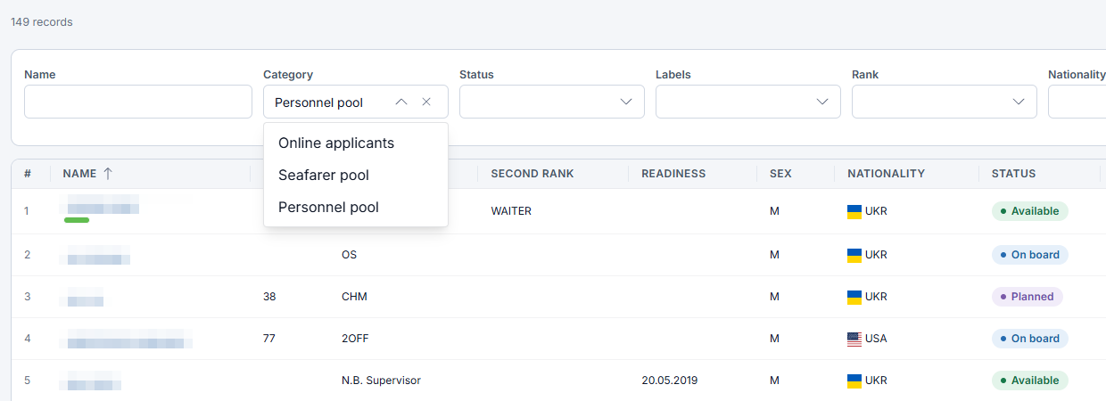 Seafarer list filtered by online applicants, seafarer pool and personnel pool categories in Crewvector
