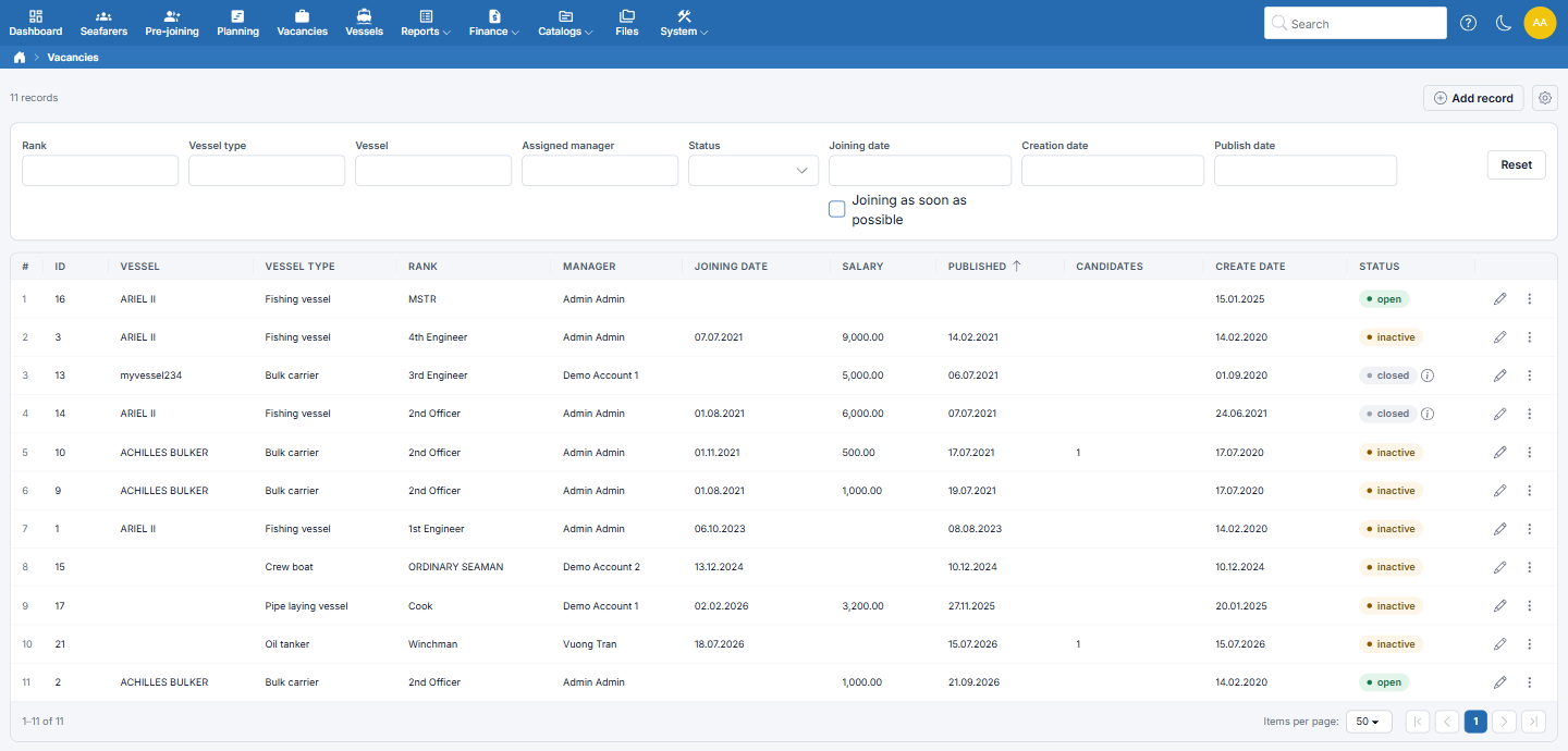 Vacancy list in Crewvector maritime recruitment software