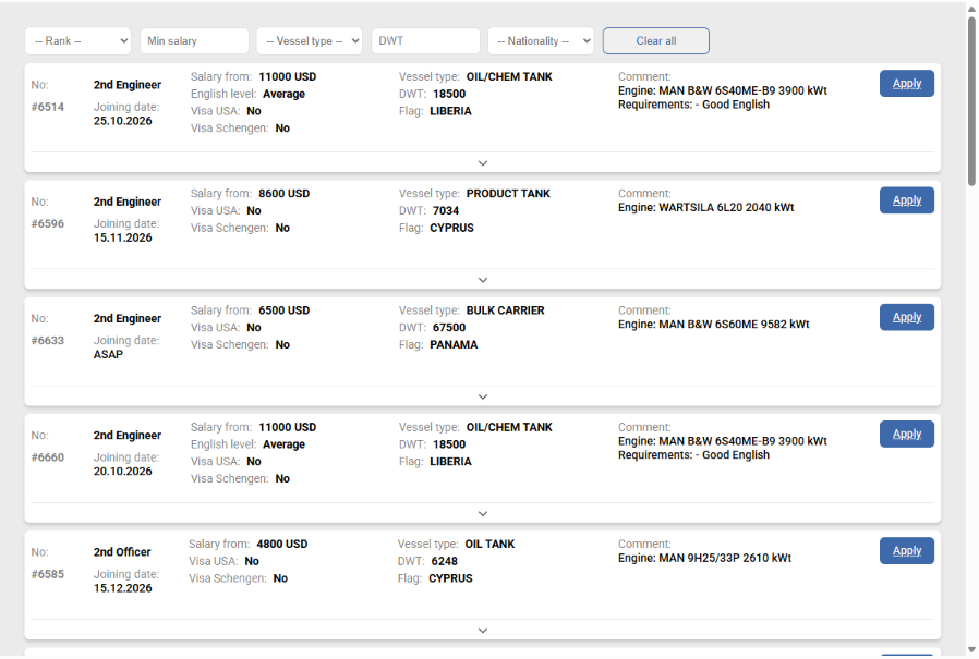 Seafarer vacancies published on a crewing agency website